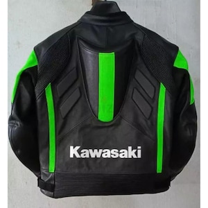 Kawasaki Ninja Racing Motorcycle Cowhide Leather Biker Jacket , Kawasaki Black & Green Ninja Sports Team Real Leather Jacket