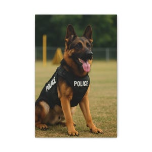 Arte mural de pastor alemán de policía, impresión en lienzo de campo de entrenamiento canino, decoración para las fuerzas del orden, obra de arte de oficial canino, regalo para amantes de los perros, arte de perro de trabajo