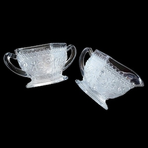 Vintage Indiana clear glass Tiara Sandwhich glass creamer and sugar set.