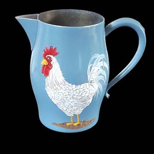 Adorable metal small Gray Blue handpainted rooster pitcher.