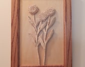 Chrysanthemums Three wood carving in a hand crafted frame  fall flowers 5th anniversary gift fall wedding gift or November birthday gift