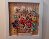 Wood Carving Wall Art Colored Posies in White Painted Handcrafted Hardwood Frame  a unique wood anniversary or wedding or house warming gift