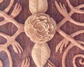 Carved Wood Wall Art | Camellia Medallion | Wood Wall Art| Wood Carving | Distinctive Gift for Wood, the 5th, Anniversary | House Warming