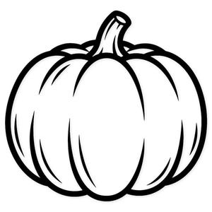 Peut inclure: Une illustration en noir et blanc au trait représentant une citrouille ronde avec une tige proéminente. Le dessin présente des contours épais et marqués définissant la forme segmentée de la citrouille, créant un design graphique net.
