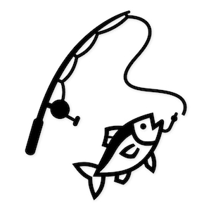 Könnte beinhalten: Schwarz-Weiß-Illustration einer Angelrute und eines Fisches. Die Rute ist gebogen, mit einer Rolle und einer Schnur, die zu einem Fisch mit offenem Maul führt. Der Fisch ist am Haken und scheint zu springen.