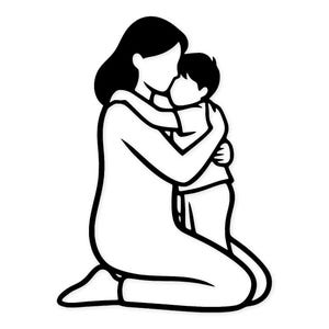 Könnte beinhalten: Schwarz-Weiß-Linienzeichnung einer knienden Person, die ein Kind umarmt. Die Figuren sind mit einfachen Umrissen dargestellt, die Wärme und Zuneigung vermitteln. Das Kind umarmt die Person.