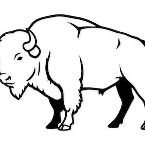 May include: A black and white illustration of a bison. The bison is depicted in a side profile, showcasing its large body, horns, and shaggy fur. The image is a simple, graphic representation of the animal.