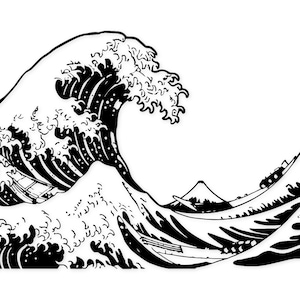 May include: A monochrome illustration of a large wave, with a boat and a mountain in the background. The wave is detailed, creating a sense of movement and power. The artwork is in a classic Japanese style, reminiscent of Hokusai's work.