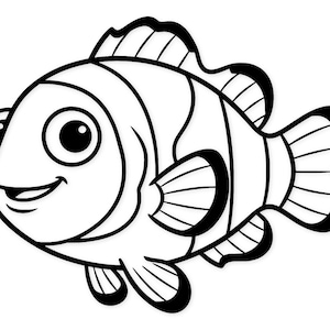 Può includere: Illustrazione a cartone animato in bianco e nero di un pesce pagliaccio. Il pesce ha grandi occhi espressivi, una bocca sorridente e strisce distintive. Le pinne e la coda sono anch'esse delineate in nero.