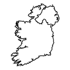 May include: A black outline of the island of Ireland against a white backdrop. The image depicts the geographical shape of the island, showing its coastlines and overall form.