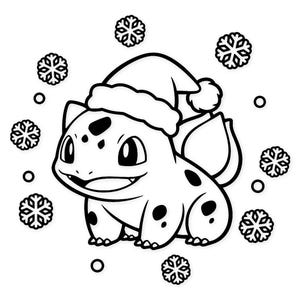 May include: Black and white illustration of a Bulbasaur character wearing a Santa hat, surrounded by snowflakes. The character has black spots and a smiling expression. The snowflakes are detailed with intricate designs.
