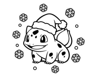 Könnte beinhalten: Schwarz-Weiß-Illustration eines Bulbasaur-Charakters mit Weihnachtsmütze, umgeben von Schneeflocken. Der Charakter hat schwarze Flecken und einen lächelnden Ausdruck. Die Schneeflocken sind detailliert gestaltet.