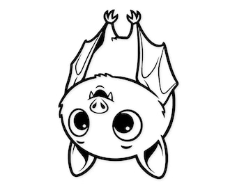 May include: A black and white cartoon illustration of a bat hanging upside down. The bat has large, round eyes, a small nose, and pointed ears. Its wings are spread, and it has a fluffy body. The image is simple and clean, with a white background.