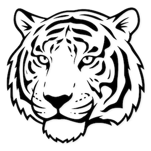 Könnte beinhalten: Schwarz-Weiß-Illustration eines Tigerkopfes mit detaillierten Streifen und Gesichtszügen. Das Bild ist eine Nahaufnahme, die den intensiven Blick des Tigers und die komplizierten Muster seines Fells hervorhebt.