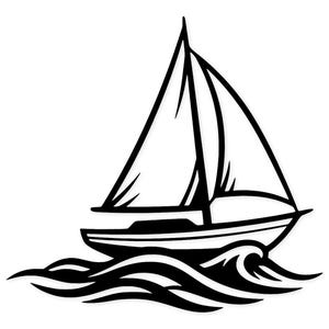 Peut inclure: Illustration en noir et blanc d'un voilier avec une voile triangulaire. Le bateau navigue sur des vagues stylisées. L'image est une conception graphique simple, adaptée aux produits sur le thème nautique.