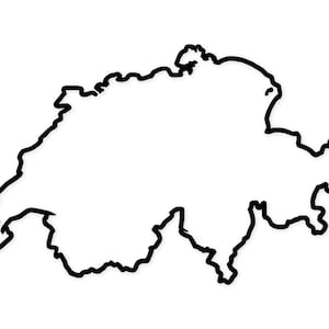 May include: A black and white outline of the country of Switzerland. The shape of the country is filled with white, and the borders are defined by a thick black line. The image is a simple, graphic representation of the Swiss territory.