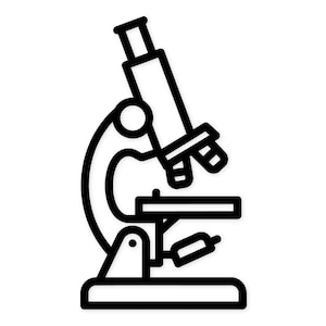 Puede incluir: Un dibujo lineal en blanco y negro de un microscopio. El microscopio tiene una base, una platina y un ocular. Los objetivos son visibles. El diseño es simple y moderno, adecuado para temas educativos o científicos.