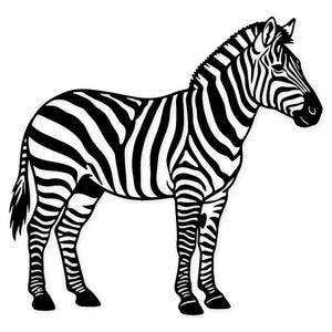 May include: A monochrome illustration of a zebra against a white backdrop. The zebra is depicted with black stripes and a black mane. It is facing right.