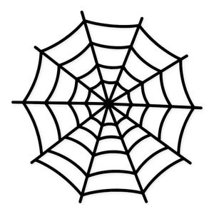 May include: A black spider web graphic featuring a central point with radiating lines connected by concentric curved segments. The design is symmetrical, consisting of eight primary spokes that extend outward to form a circular web pattern.