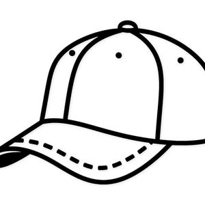May include: A black and white baseball cap illustration. The cap features a curved brim with a dotted line detail and a rounded crown. The design is a simple, graphic representation of a classic baseball cap.