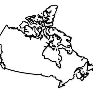 Pode incluir: Um contorno a preto e branco do mapa do Canadá. O mapa mostra as províncias e territórios do país, incluindo as ilhas do Ártico. A imagem é uma representação gráfica simples da massa terrestre canadiana.