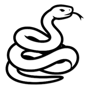 Può includere: Illustrazione in bianco e nero di un serpente arrotolato. Il corpo del serpente è curvo, con una lingua biforcuta e una testa dettagliata. Il design è semplice e grafico, adatto a varie applicazioni.