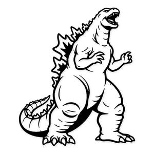 Può includere: Illustrazione in bianco e nero di Godzilla, una grande creatura simile a un dinosauro, in posizione eretta. La creatura ha una lunga coda, pinne dorsali a spillo e la bocca aperta. L'immagine è una grafica semplice e audace.
