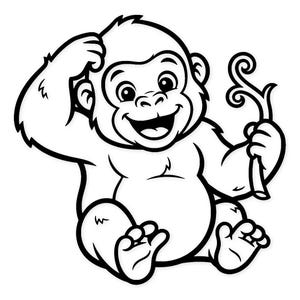 Op de afbeelding: Een zwart-wit cartoon illustratie van een lachende baby gorilla. De gorilla houdt een decoratief item in zijn rechterhand en krabt met zijn linkerhand op zijn hoofd. De afbeelding heeft dikke zwarte contouren.