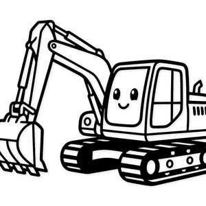 May include: A black and white cartoon excavator illustration. The excavator features a smiling face on the cab, a large bucket, and a track system. The design is simple and suitable for children's products.