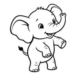 May include: A black and white cartoon illustration of a smiling baby elephant. The elephant is standing with its trunk raised and one arm extended, giving a friendly wave. The image is a simple line drawing.
