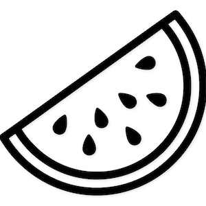 May include: A black and white illustration of a watermelon slice. The slice is outlined in black, with a white interior and several black seeds. The image is a simple, graphic representation of the fruit.