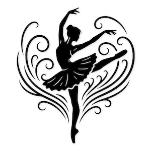 May include: A black silhouette of a ballerina in a graceful pose, set against a decorative swirl design. The dancer is wearing a tutu and is in mid-leap, arms extended. The artwork is on a white background.