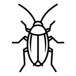 Puede incluir: Un dibujo lineal en blanco y negro de una cucaracha. El insecto se representa desde arriba, mostrando su cuerpo segmentado, seis patas, antenas y forma general. El diseño es simple y gráfico.