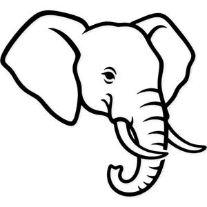May include: A black and white illustration of an elephant's head. The elephant is drawn in a simple, outlined style, featuring large ears, tusks, and a curled trunk. The image is set against a plain white background.