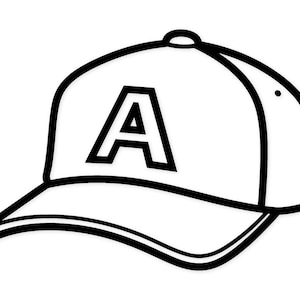 Könnte beinhalten: Eine weiße Baseballkappe mit schwarzem Umriss. Die Kappe hat einen großen, fetten schwarzen Buchstaben "A" auf der Vorderseite. Der Schirm ist gebogen und die Kappe hat einen Knopf oben.