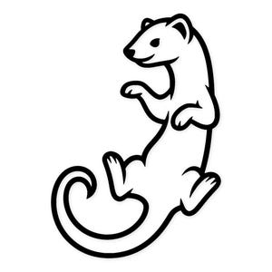 Puede incluir: Ilustración de dibujos animados en blanco y negro de una comadreja en una pose juguetona. La comadreja está representada con una cola curvada y se encuentra sobre un fondo blanco. El diseño tiene una estética minimalista.