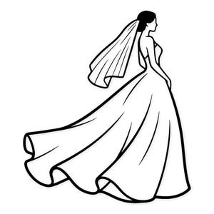 May include: A black and white line drawing of a bride in a wedding dress and veil. The bride is viewed from the side, with her back to the viewer. The dress has a flowing skirt.