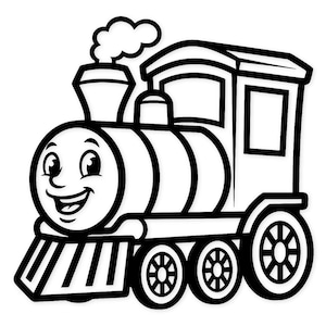 Könnte beinhalten: Schwarz-weiße Cartoon-Illustration eines lächelnden Zuges. Der Zug hat ein freundliches Gesicht, einen Schornstein mit einer Rauchwolke und große Räder. Das Design ist einfach und kühn, geeignet für Kinderprodukte.