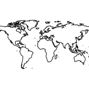Könnte beinhalten: Eine schwarz-weiße Umrisskarte der Welt, die die Kontinente und wichtigsten Landmassen zeigt. Die Karte zeigt die geografische Anordnung der Erde, wobei jeder Kontinent deutlich definiert ist.