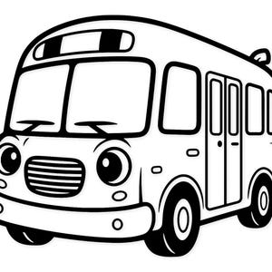 May include: A black and white cartoon illustration of a school bus with large, friendly eyes and a smiling grill. The bus has large windows, a curved roof, and two doors. The wheels are black and the bus is outlined in black.