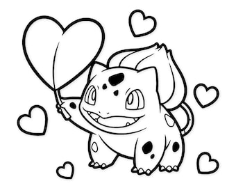 Könnte beinhalten: Schwarz-Weiß-Illustration eines Bulbasaur-Charakters, der ein herzförmiges Blatt hält. Mehrere Herzformen sind um die Figur herum verstreut. Der Bulbasaur hat Flecken und einen lächelnden Ausdruck.
