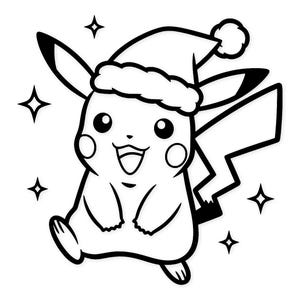 May include: Black and white illustration of Pikachu wearing a Santa hat, with sparkling star accents. The cartoon character is smiling and appears to be walking. A festive design for the holiday season.