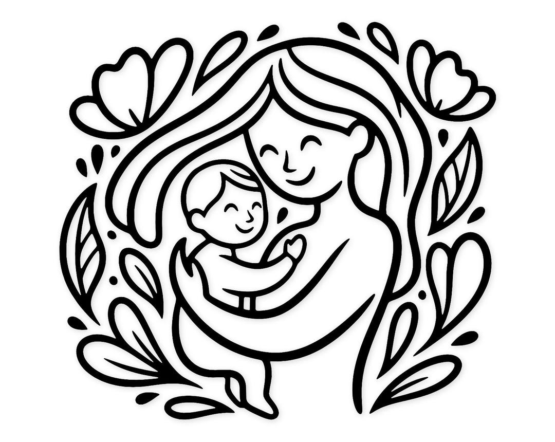 Mother and Child Digital Artwork: Black and White Line Art Illustration ...