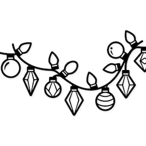 Puede incluir: Ilustración en blanco y negro de una guirnalda de luces navideñas. La guirnalda presenta varias formas de bombillas, incluyendo diseños redondos, de diamante y de lágrima. Las luces están dispuestas en una línea curva, para decoraciones festivas.