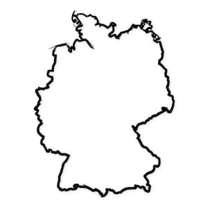 May include: A minimalist black and white outline of the country of Germany. The map is a simple line drawing, with a thick black border defining the country's shape against a white background. The design is clean and modern.