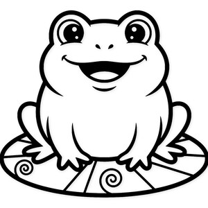 Puede incluir: Ilustración de dibujos animados en blanco y negro de una rana sonriente sentada en una hoja de nenúfar. La rana tiene ojos grandes y redondos y una amplia sonrisa. La hoja de nenúfar tiene un borde decorativo con diseños en espiral.