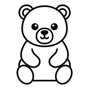 Könnte beinhalten: Eine einfache, cartoonartige Illustration eines Teddybären. Der Bär ist weiß mit schwarzen Umrissen, mit runden Ohren, Augen und einer Nase. Der Bär sitzt mit gebogenen Armen und Beinen, was ihm ein freundliches Aussehen verleiht.