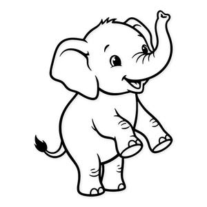 May include: A black and white cartoon illustration of a smiling elephant with its trunk raised. The elephant has large ears, small eyes, and is standing on two legs. The image is a simple line drawing.