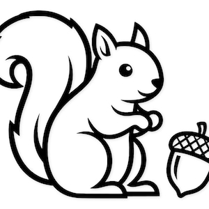 Op de afbeelding: Zwart-wit cartoon illustratie van een eekhoorn die een eikel vasthoudt. De eekhoorn heeft een grote, pluizige staart en glimlacht. De eikel staat naast de eekhoorn.