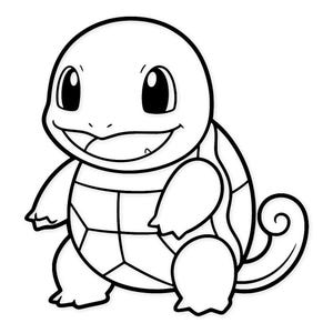 May include: Black and white cartoon illustration of Squirtle, a Pokémon character. Squirtle has a turtle-like shell, a smiling face, and a curled tail. The image is a line drawing with thick black outlines.